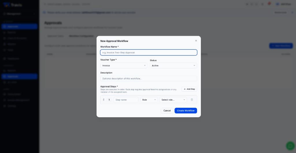 New approval workflow modal with ordered approval steps