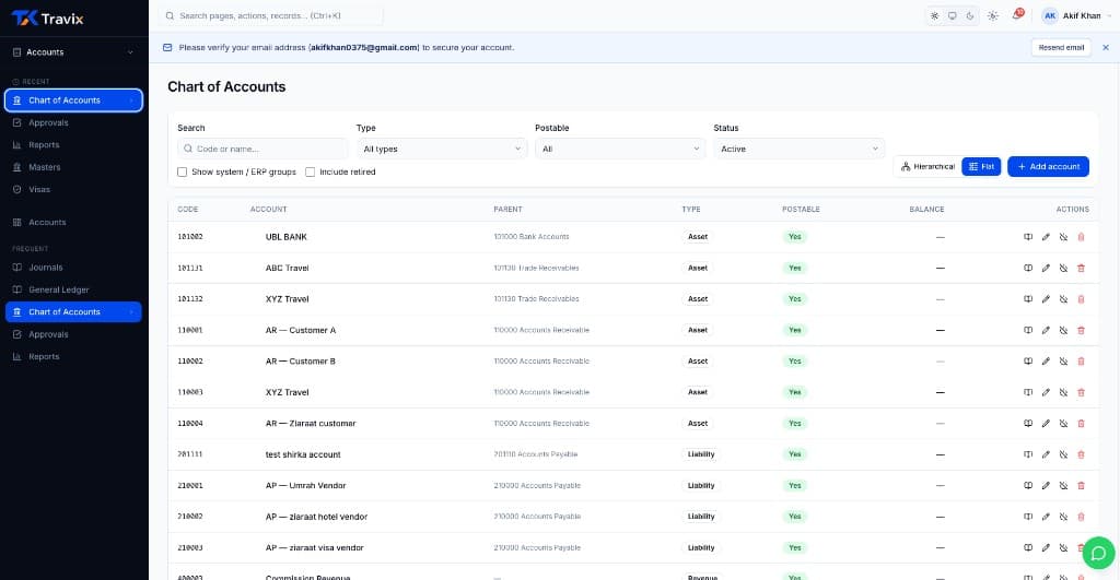 Chart of Accounts flat view with codes, types, and balances