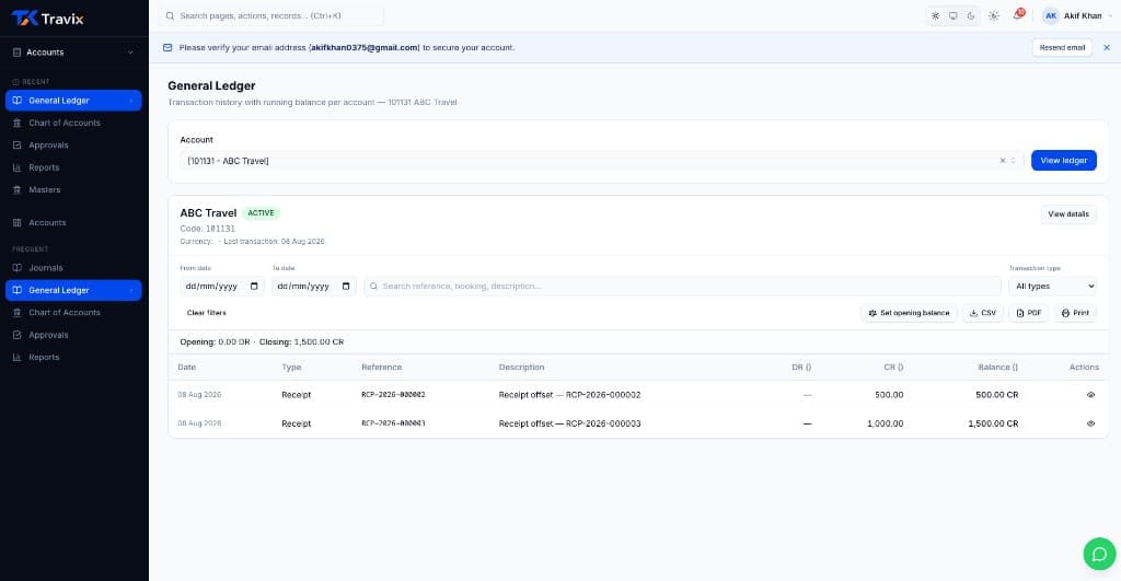 General Ledger with running balance for a customer account