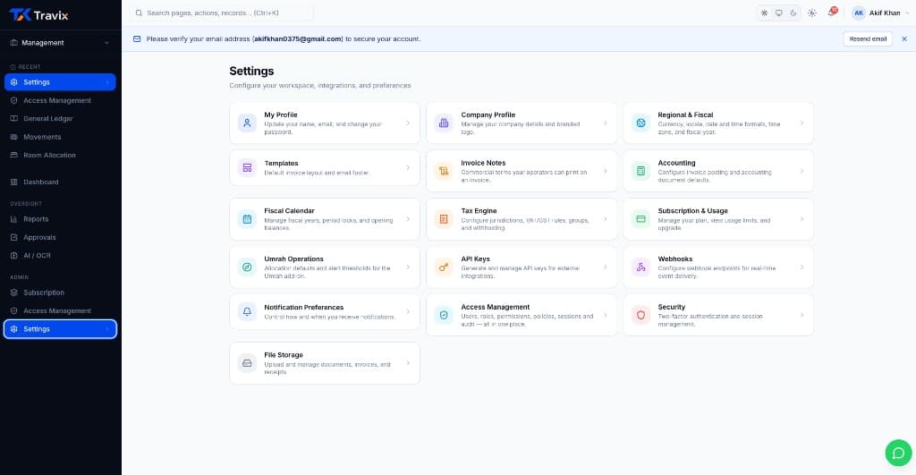 Settings hub with workspace, accounting, and integration cards