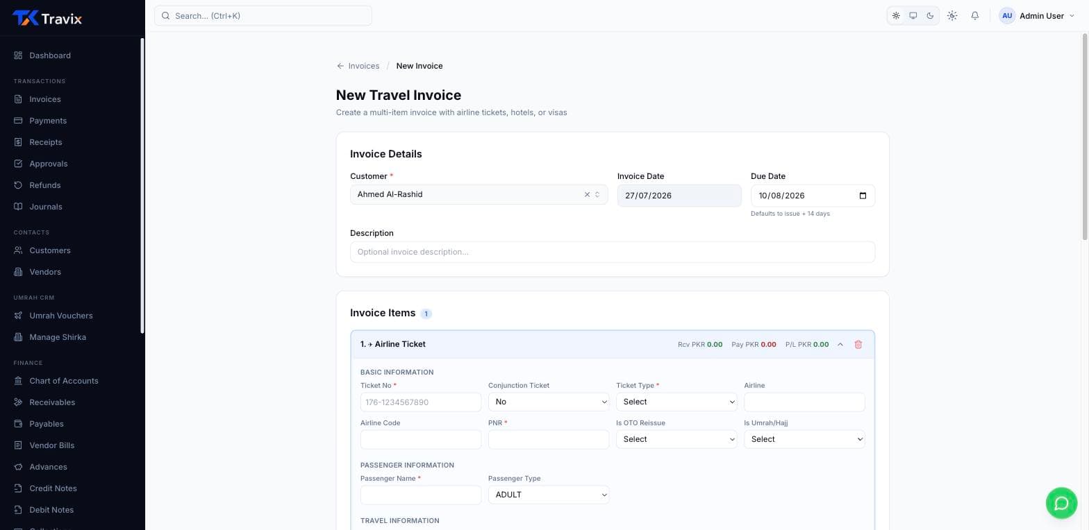 Travel invoice entry screen showing invoice details and airline ticket line item